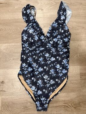 A Pea in the Pod Maternity Black Floral One-Piece Swimsuit with Blue Flowers Med